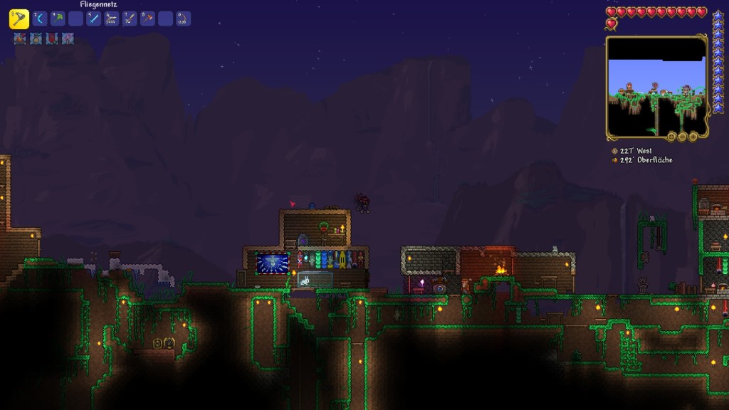 A Terraria screenshot from a world seed my daughter created. It'S evening. There are a couple of houses, made from wood and stone. In the ground below all of them are many, long tunnels. To the left a couple of snow blocks have been placed manually on top of dirt ground.