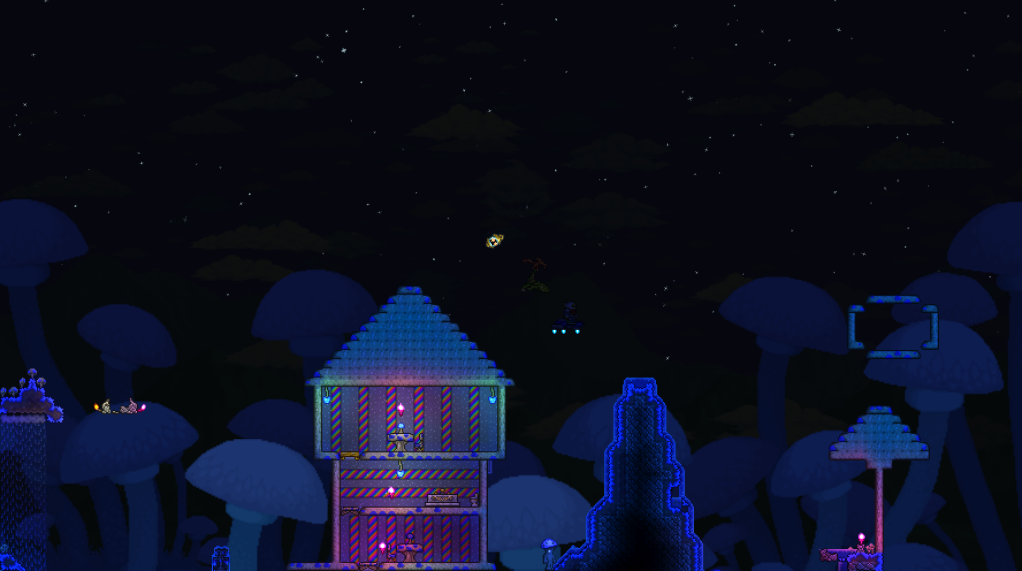 Screenshot from the game Terraria. The top of a tower and a hill I made in a surface mushroom biome.