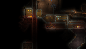 Terraria screenshot. A base near the top of our hellevator. The hellevator leads vertical through a storage area. Crafting stations are to the right.
