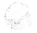 A black-and-white drawing of big, round, cartoony eyes of a creature looking out of the shadows cast by a mushroom.