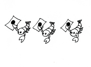 Drawing of three shrimps holding each a piece of paper with a black dot, which read together as dot dot dot.