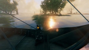 Valheim screenshot. Me on a longship at sundawn. In the background Meadows and Swamp islands wiht beeches and green grass.